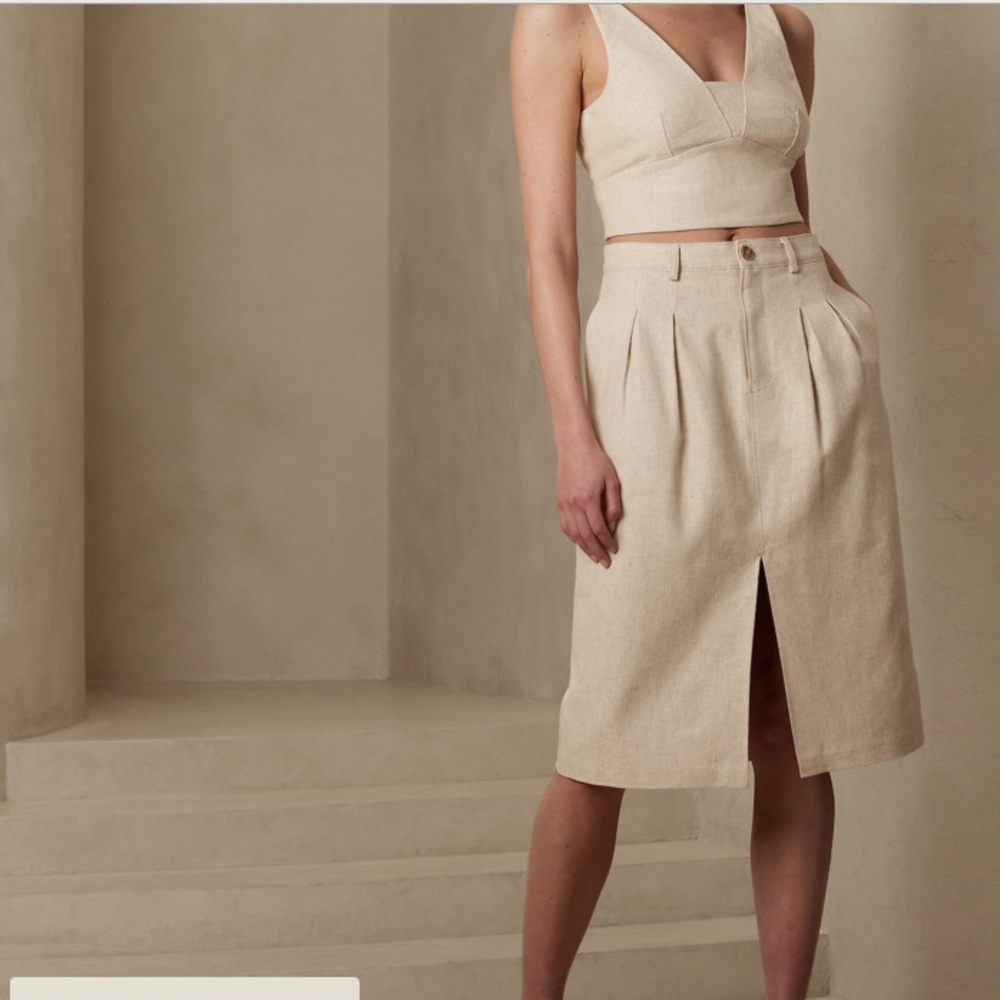 LINEN-COTTON HERRINGBONE MIDI SKIRT